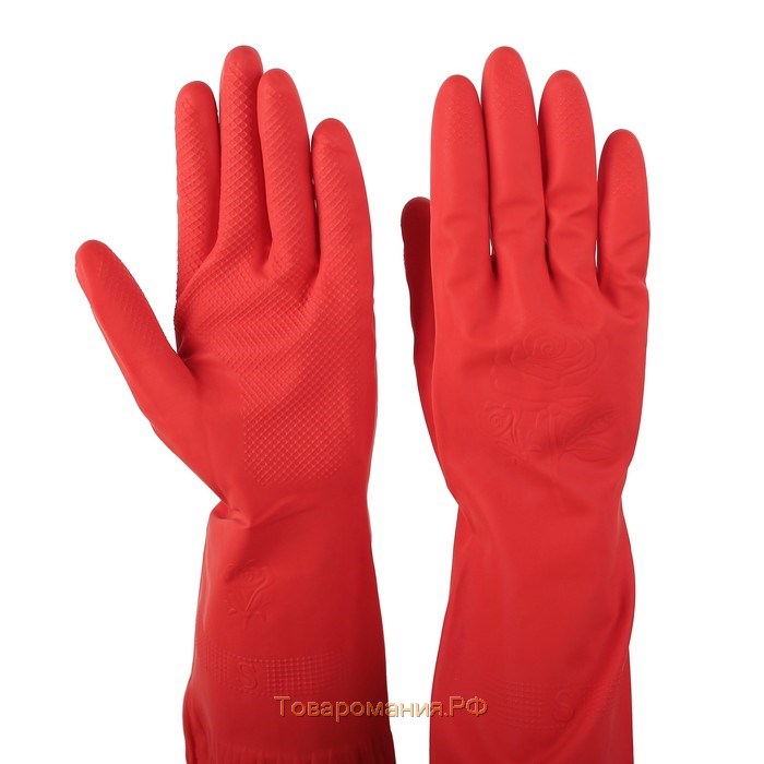 Перчатки хозяйственные латексные, размер S, длинные манжеты, цвет красный