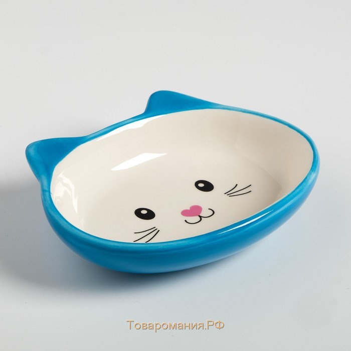 Миска керамическая овальная "Кошачья мордочка" 200 мл  14 х 12 х 3,5 см, синяя/белая