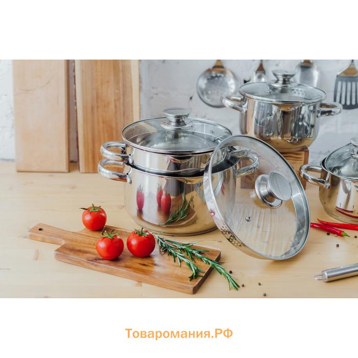 Кастрюля Magistro Klimena, 4.6 л, AISI - 201, крышка-дуршлаг, носик для слива, капсульное дно, нержавеющая сталь, индукция