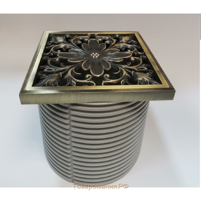 Трап Bronze de Luxe 21975, d=100 мм, 100х100 мм, с рамкой и дизайн-решеткой "Цветок"