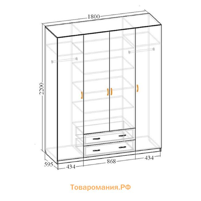 Шкаф 4-х дверный «Венеция 11» с 2-мя ящиками, 1800х595х2200 мм, цвет венге / клён