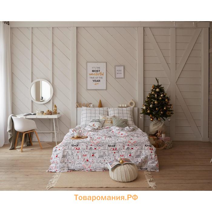 Постельное белье новогоднее  2 сп Xmas cat 175*215 см, 200*220 см, 70*70 см - 2 штуки