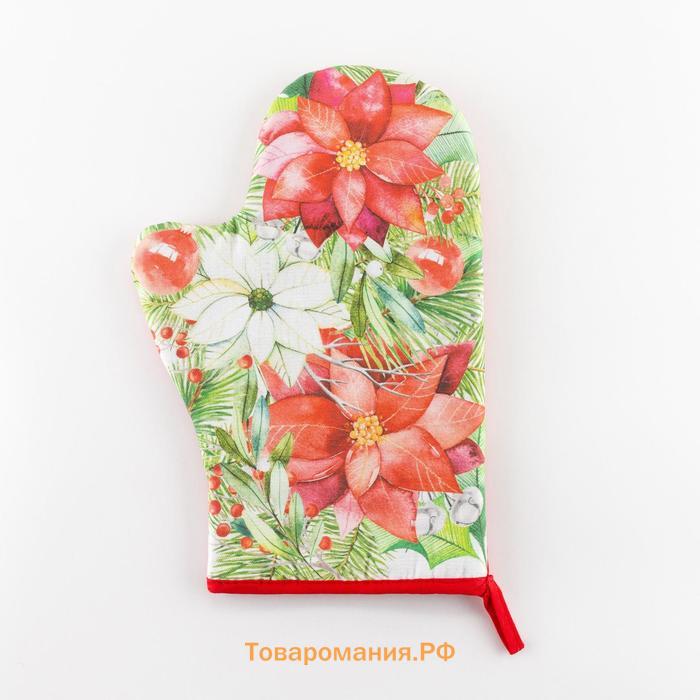 Новый год. Варежка-прихватка Christmas red flowers 20х28см, саржа, 100% хлопок, ватин 250г/м2