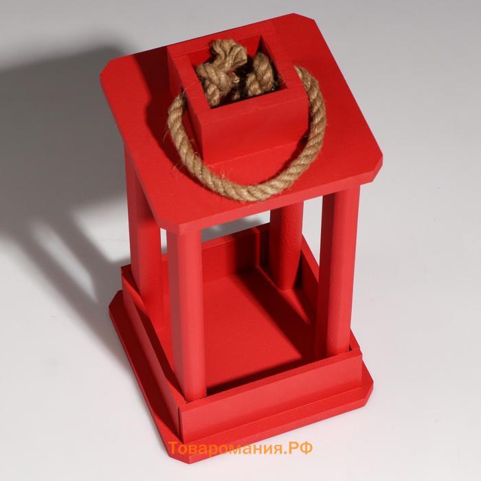 Кашпо деревянное "Фонарь", ручка верёвка, красный, 16×16×30 см