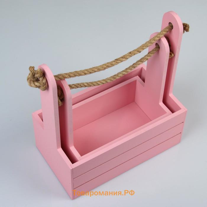 Набор кашпо деревянных 2 в 1 (25×15×30; 21×12×23 см) "Dear", ручка канат, розовый