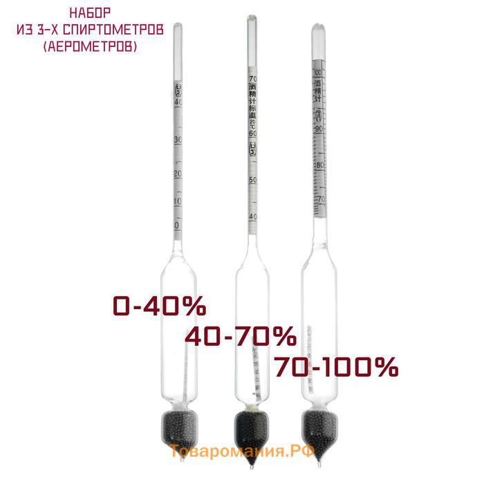 Набор спиртомеров, 3 шт.: 0-40%, 40-70%, 70-100%, + жидкостный термометр