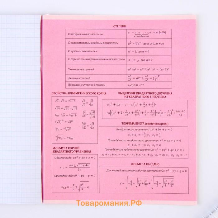 Тетрадь предметная 48 листов, А5, РОЗОВАЯ СЕРИЯ, со справ. мат. «1 сентября: Алгебра», обложка мелованный картон 230 гр внутренний блок в клетку  белизна 96%