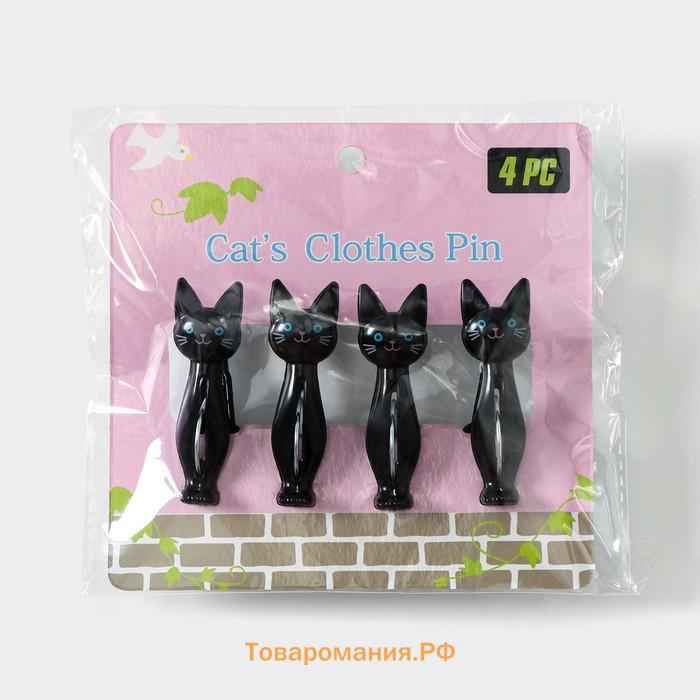 Набор прищепок «Коты», 4 шт., 7×2×4 см, чёрный