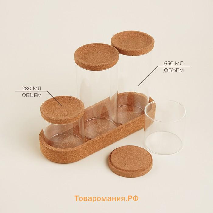 Банки для сыпучих SL Home «Алькорноке», набор 2 шт.:280/650 мл, с пробковой крышкой, на подставке, стекло, прозрачные