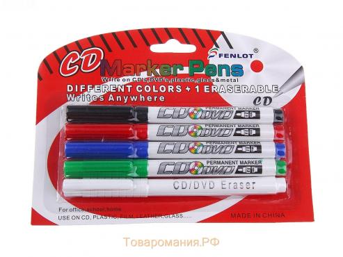 Набор маркеров для CD/DVD, 5 цветов: красный, чёрный, синий, зелёный, стирающий, 2.0 мм, блистер