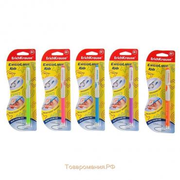 Ручка шариковая ErichKrause ErgoLine Kids Ultra Glide, первоклассника, эргономичный держатель, корпус Soft-touch, узел 0.7 мм, чернила синие, микс, блистер