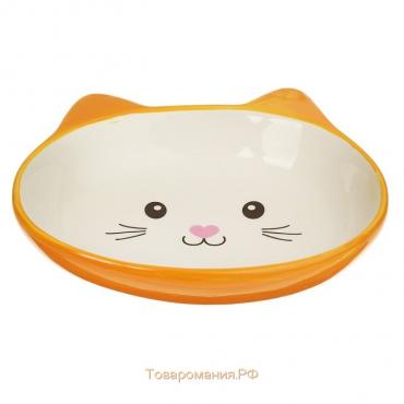 Миска керамическая овальная "Кошачья мордочка" 200 мл  14 х 12 х 3,5 см, жёлтая/белая