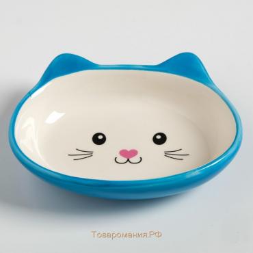 Миска керамическая овальная "Кошачья мордочка" 200 мл  14 х 12 х 3,5 см, синяя/белая