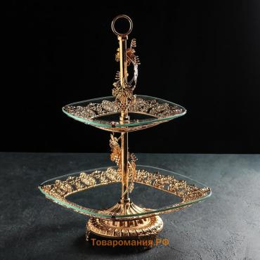 Этажерка-фруктовница квадратная, 2 яруса, 29×29 см, 17×17 см, высота 43 см, стекло