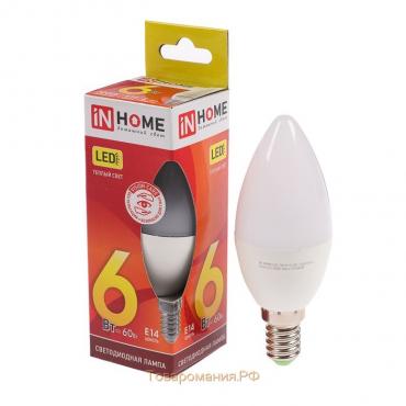 Лампа светодиодная IN HOME, С37, 6 Вт, Е14, 480 Лм, 3000 К, теплый белый