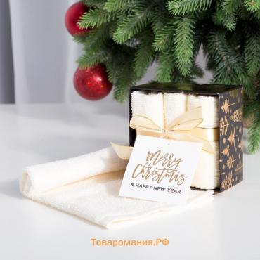 Новый год. Набор махровых полотенец "Merry cristmas" 30х30 см - 3 шт, хлопок 340гр/м2