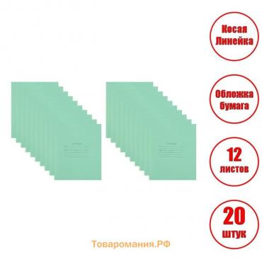 Комплект тетрадей из 20 штук, 12 листов в косую линию КПК "Зелёная обложка", блок №2, белизна 75% (серые листы)